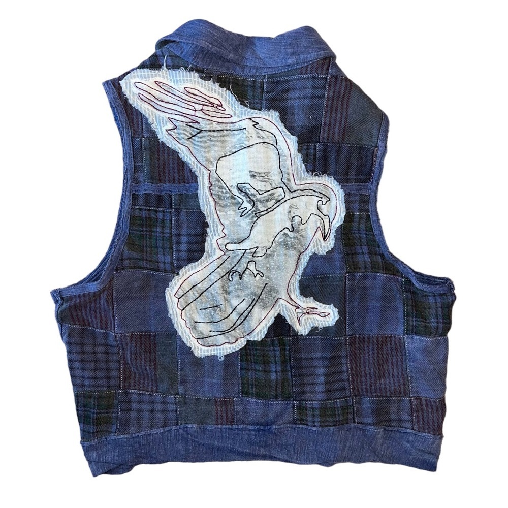 Free People Blue Plaid Tank Top with Eagle Motif